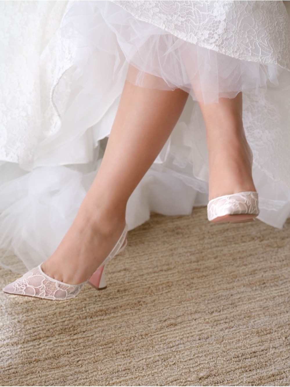 Amina Muaddi Ivory Lace Pointed Slingback Pumps with Soft Pink Heel